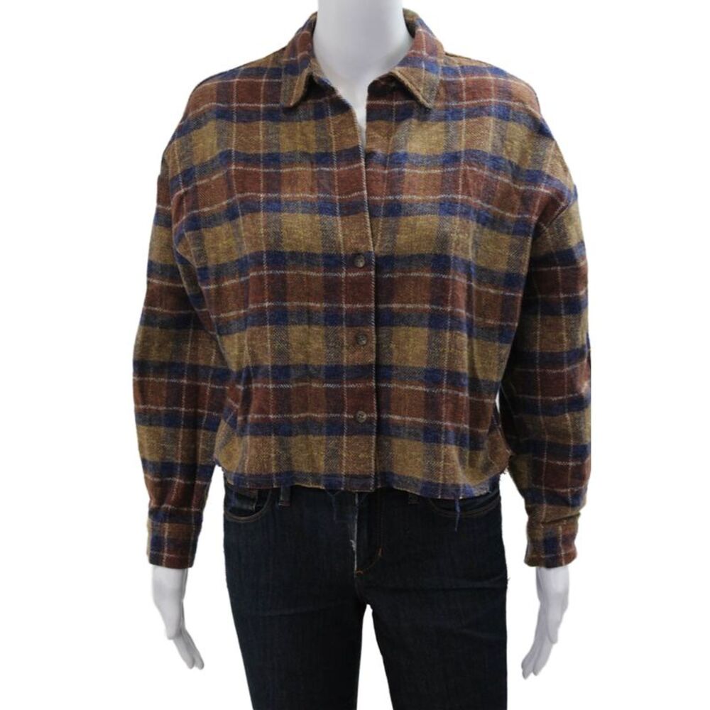 Road To Nowhere Women Blue Plaid Collared Cotton Jacket Long Sleeve Size S